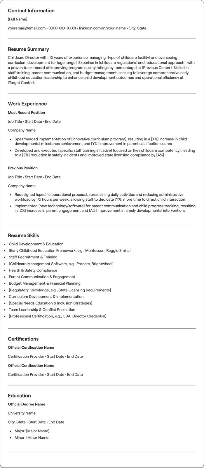 Childcare Director resume example