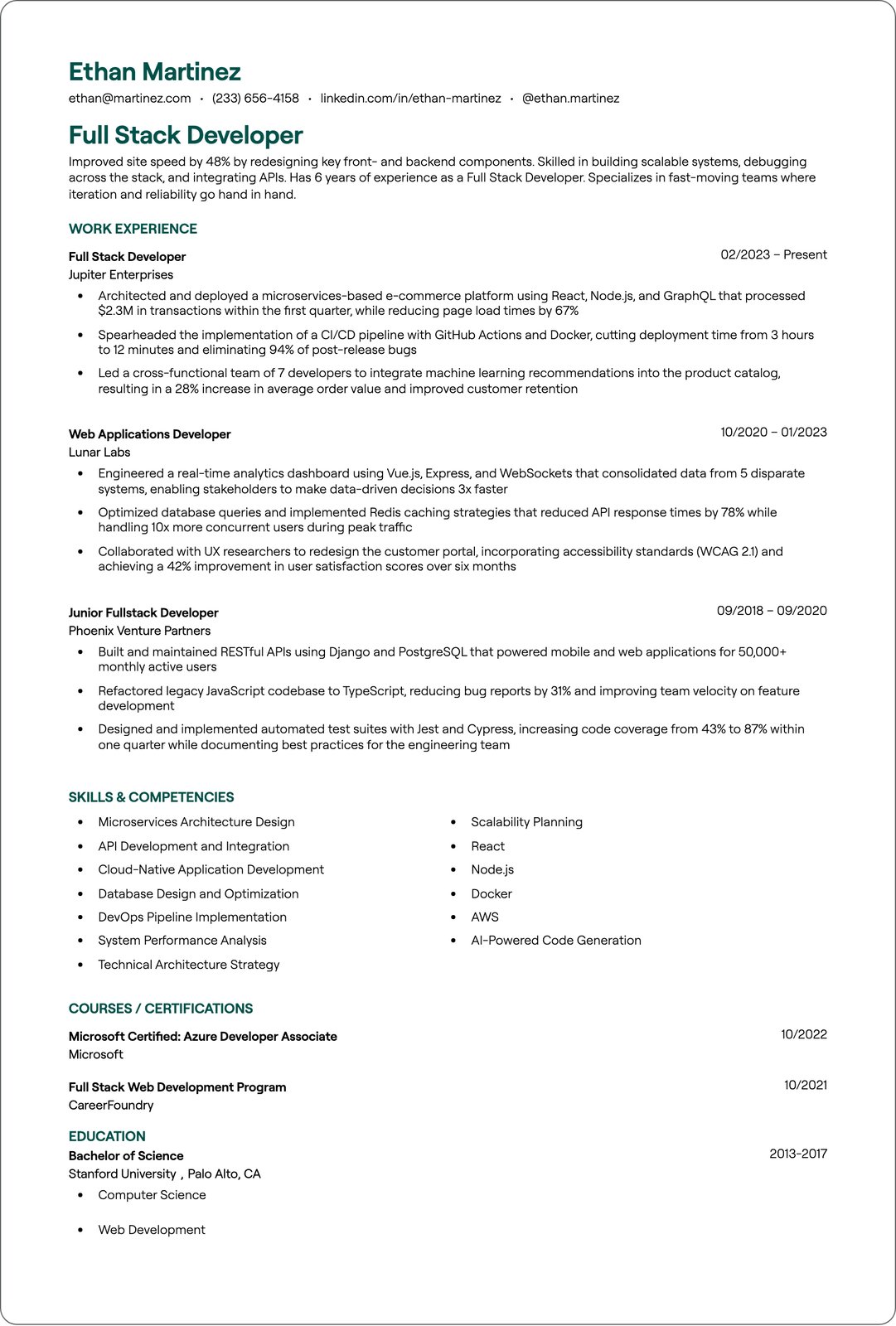 NET Full Stack Developer resume example