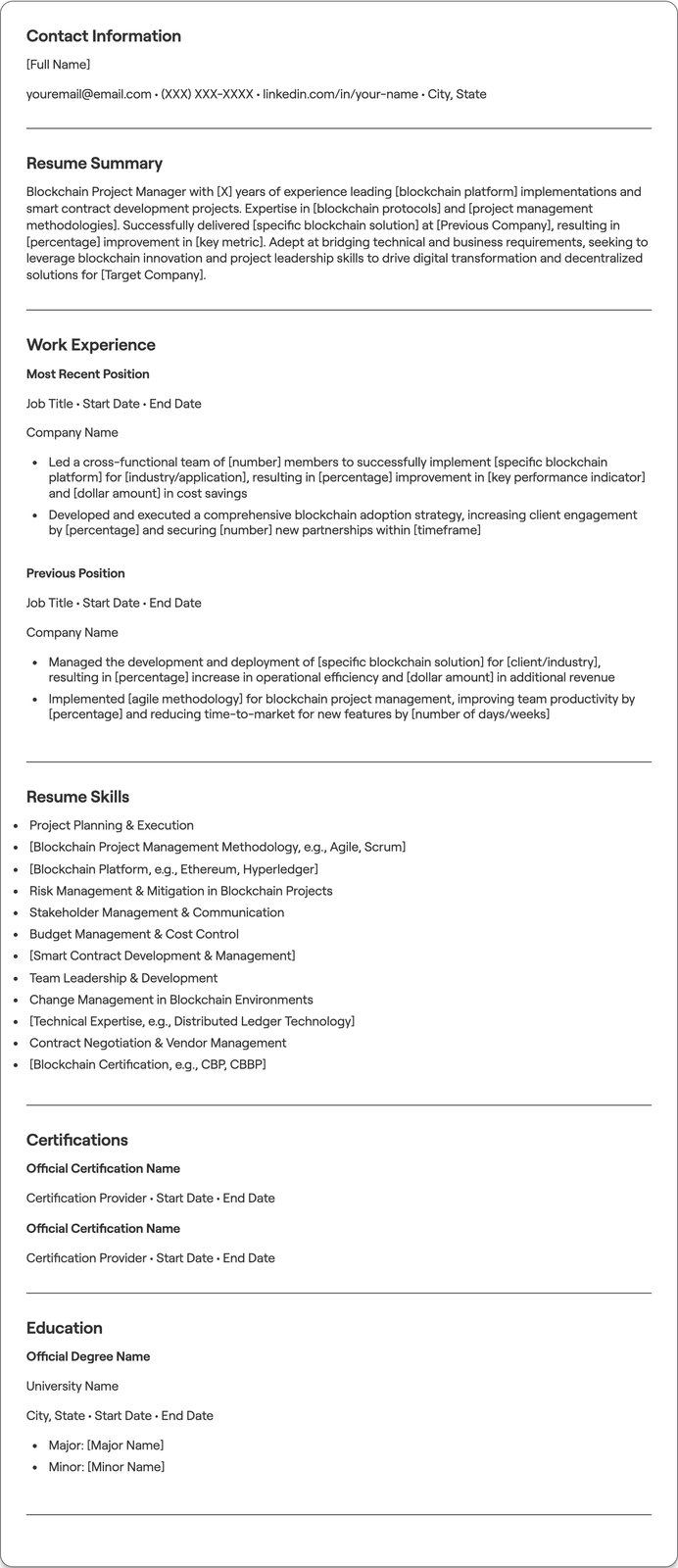 Blockchain Project Manager resume example