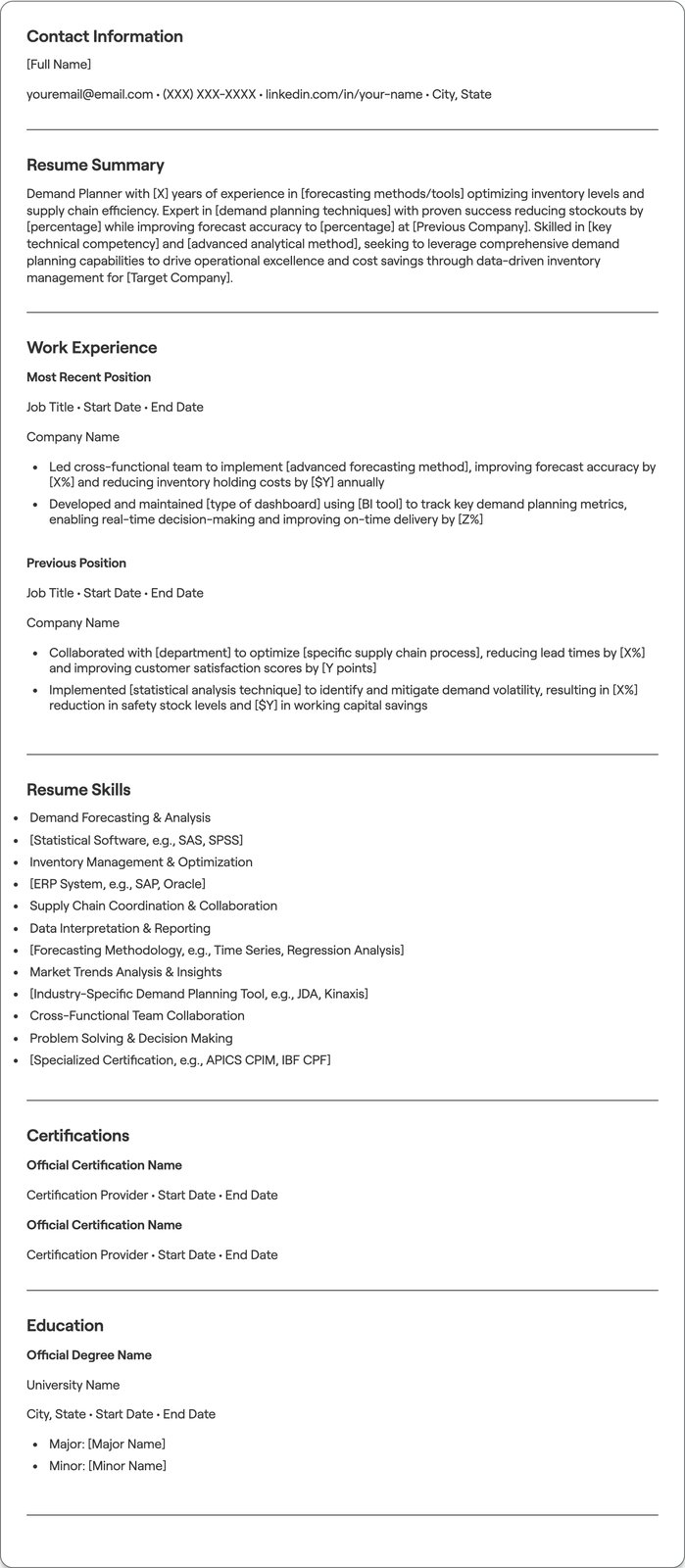 Demand Planner resume example