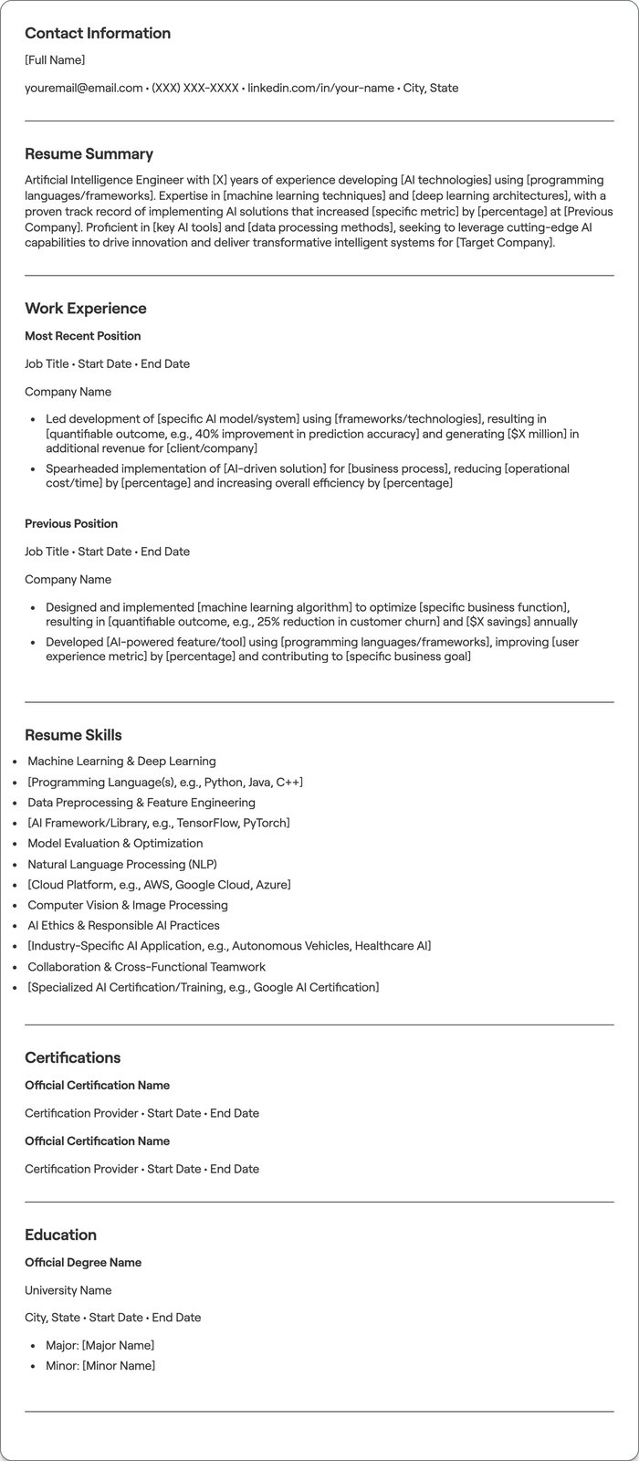 Artificial Intelligence resume example