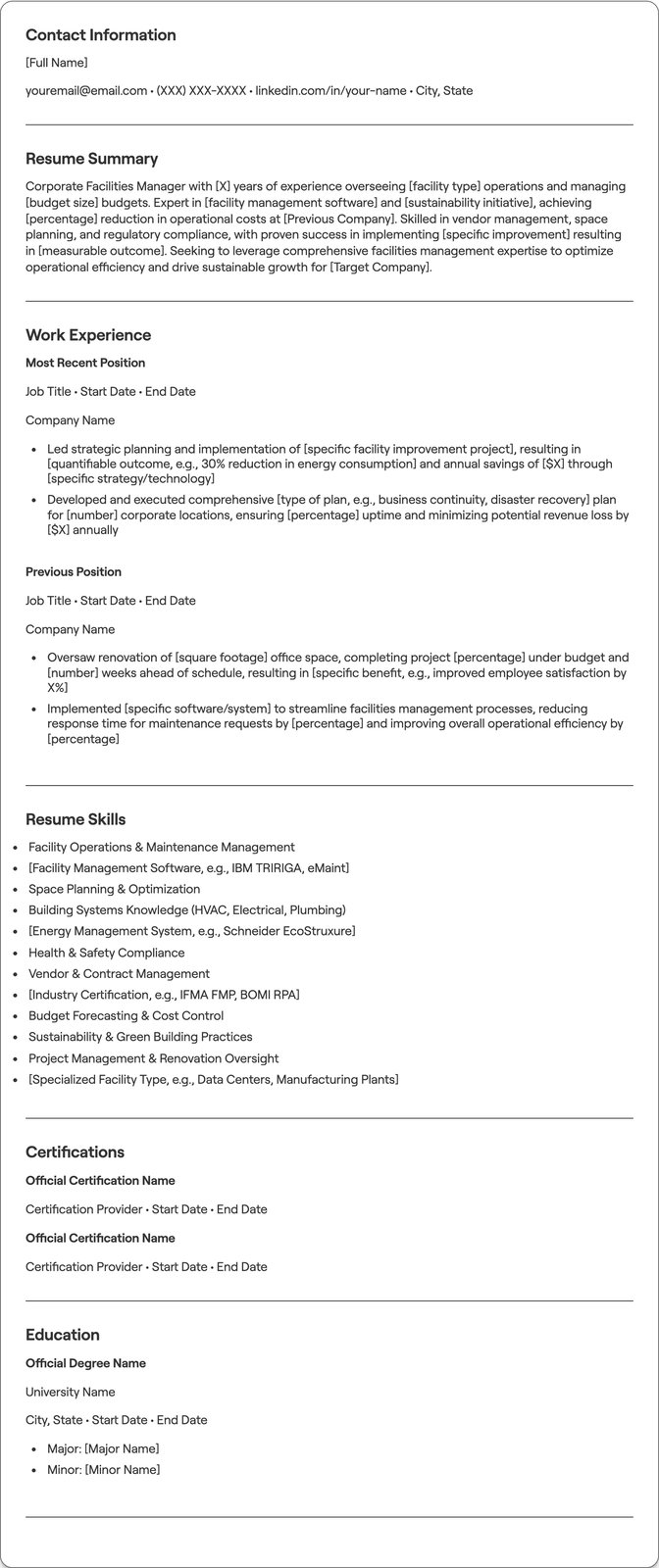 Corporate Facilities Manager resume example