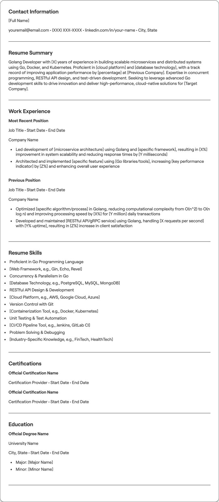 Golang Developer resume example
