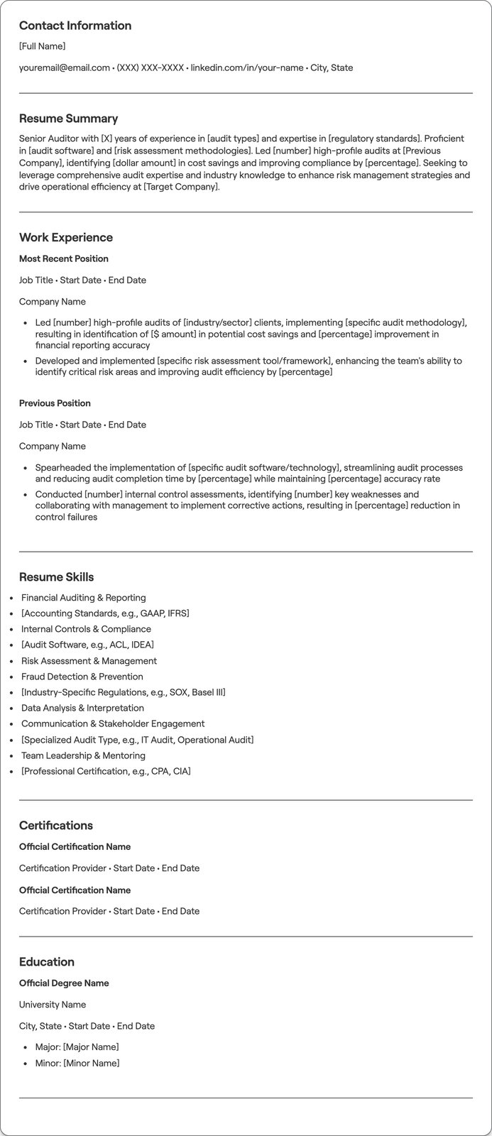 Senior Auditor resume example