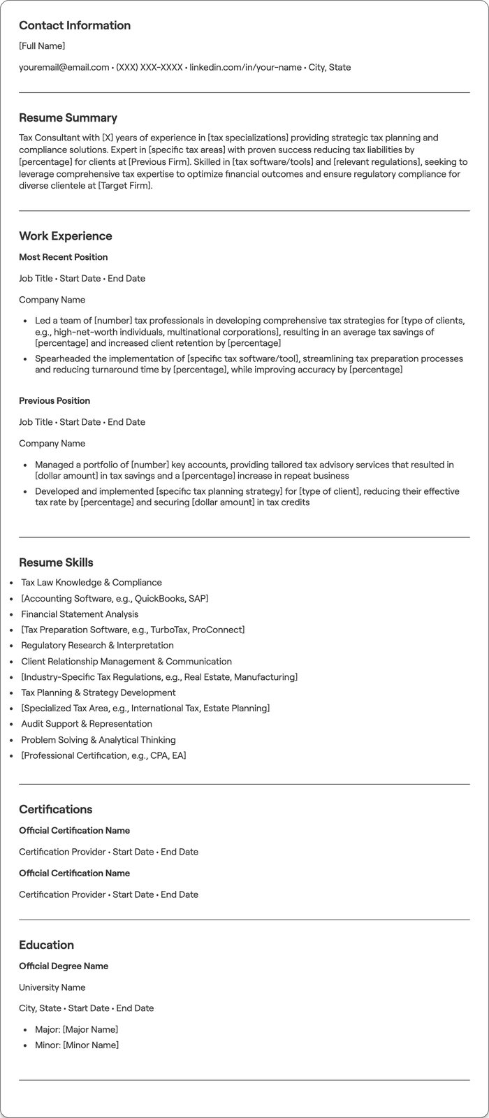 Tax Consultant resume example