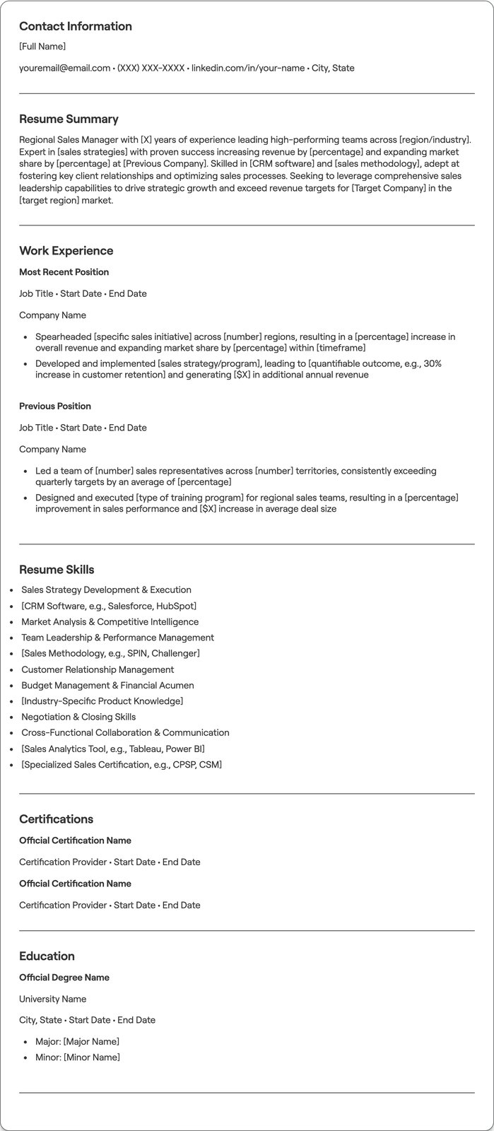 Regional Sales Manager resume example