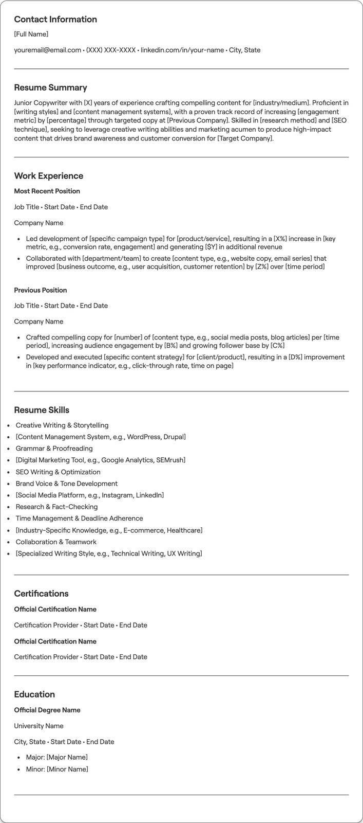 Junior Copywriter resume example