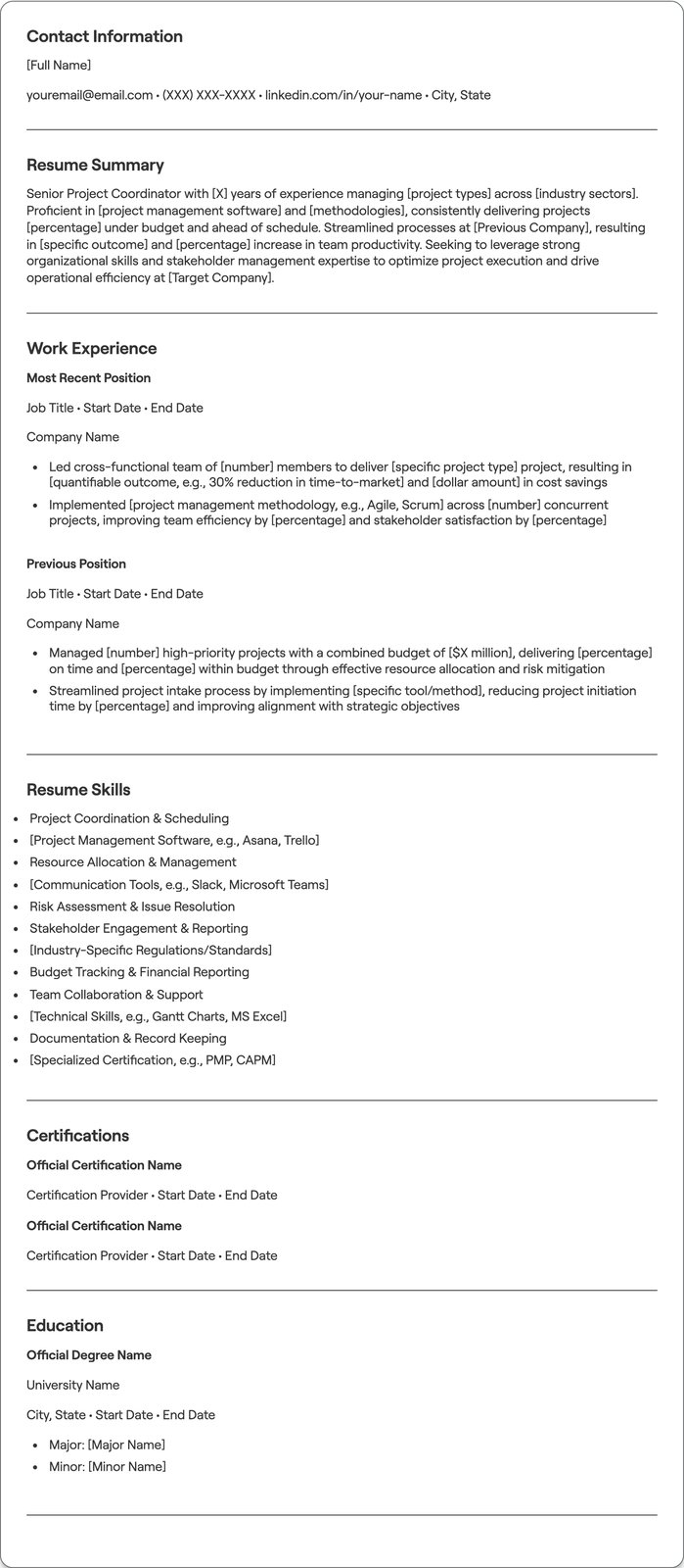 Senior Project Coordinator resume example