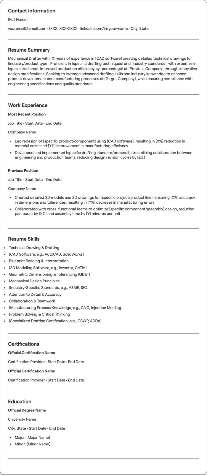 Mechanical Drafter resume example