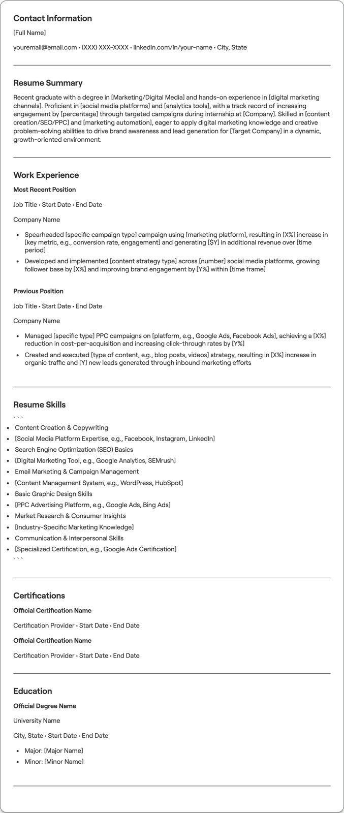 Fresher Digital Marketing resume example