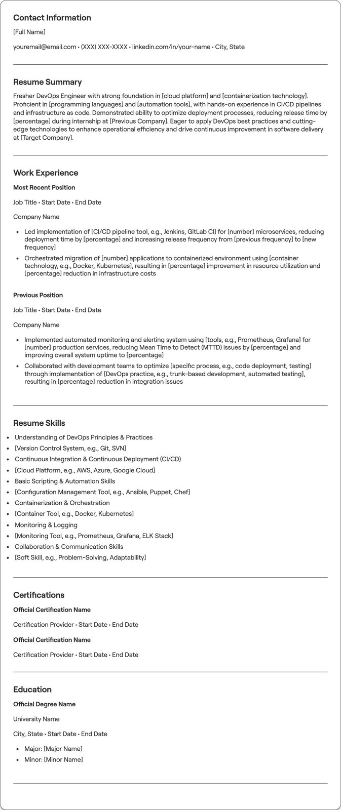 Fresher DevOps Engineer resume example