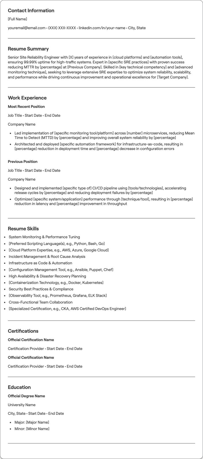 Senior Site Reliability Engineer resume example
