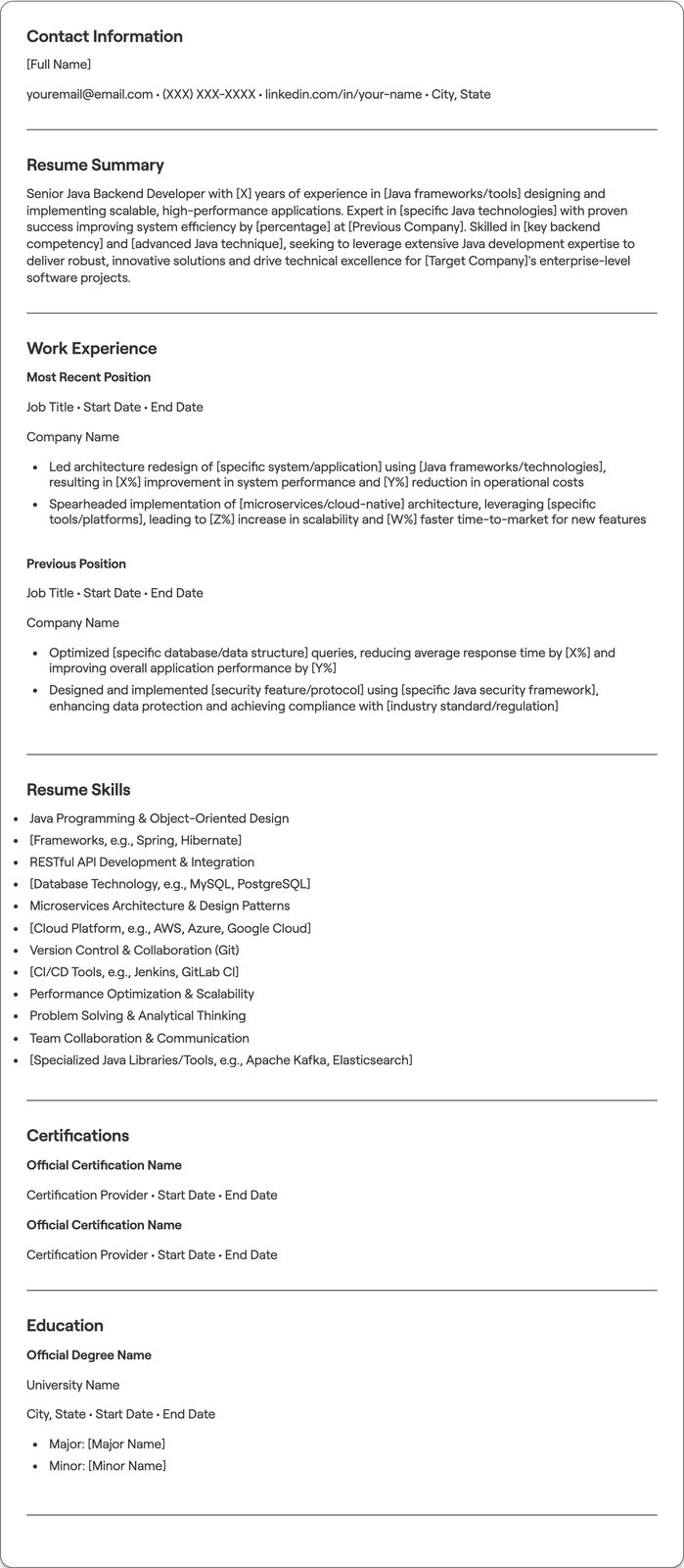 Senior Java Backend Developer resume example