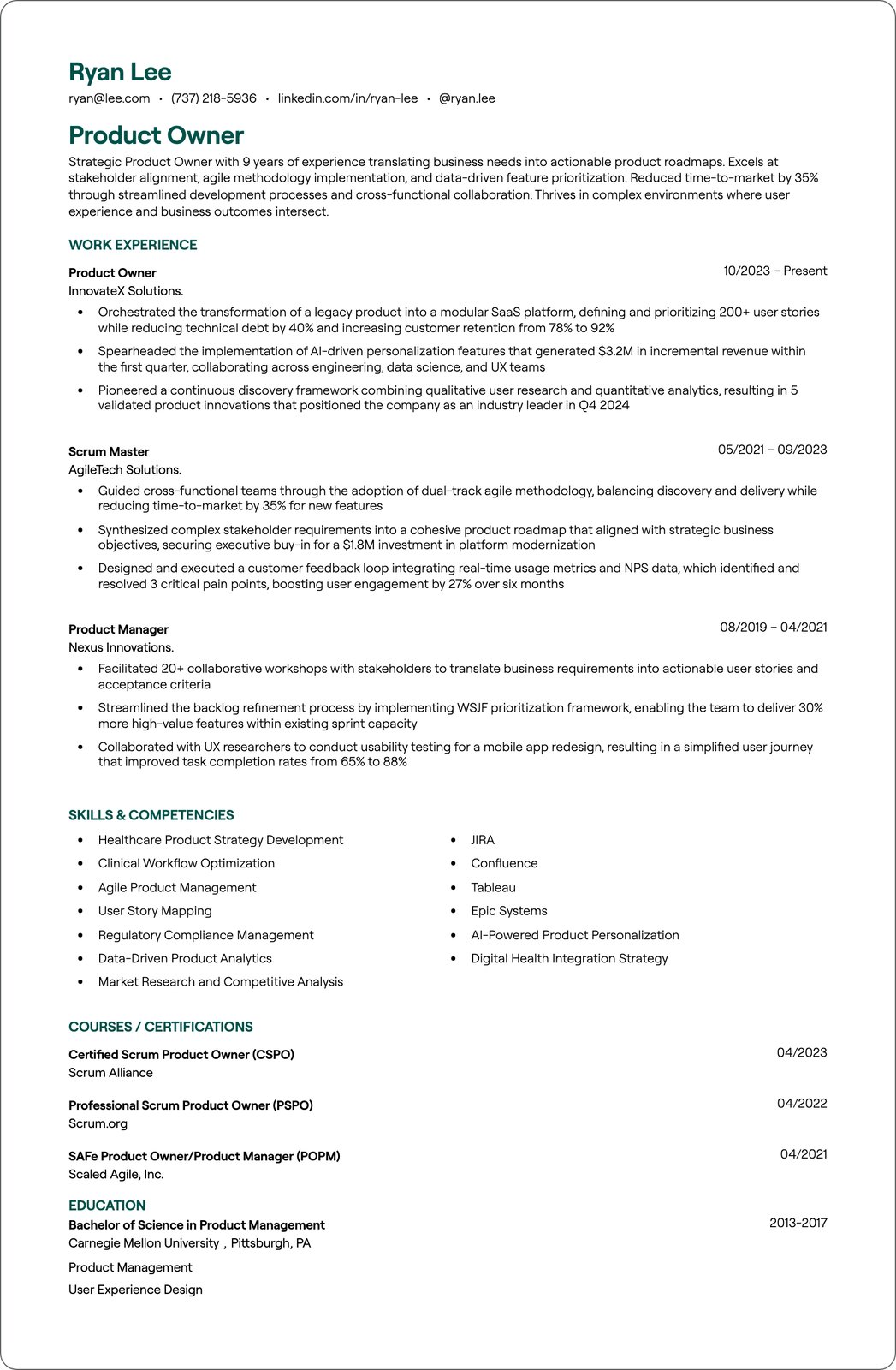 Scrum Product Owner resume example
