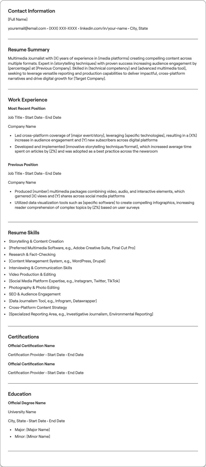 Multimedia Journalist resume example