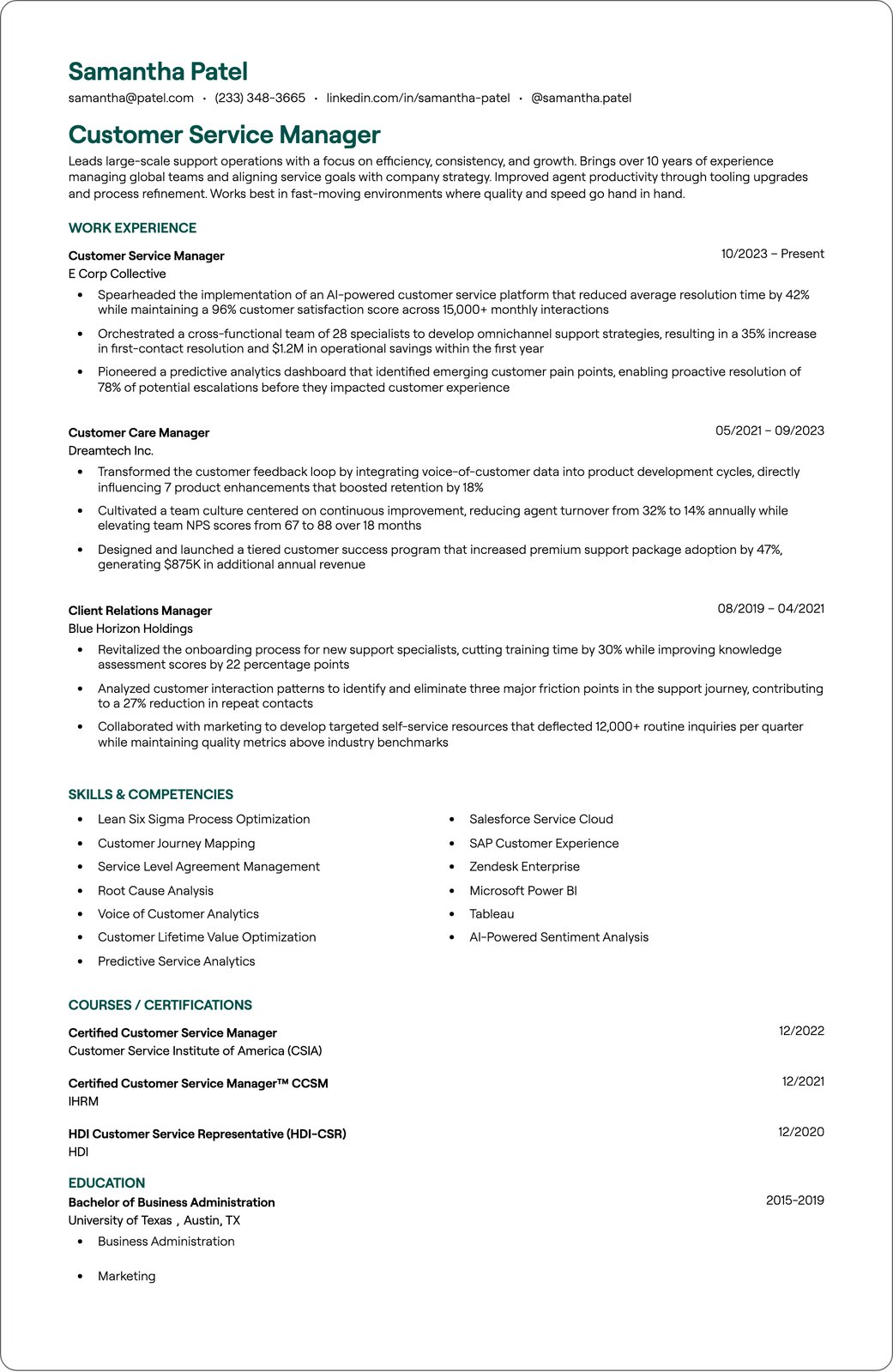 Customer Care Manager resume example