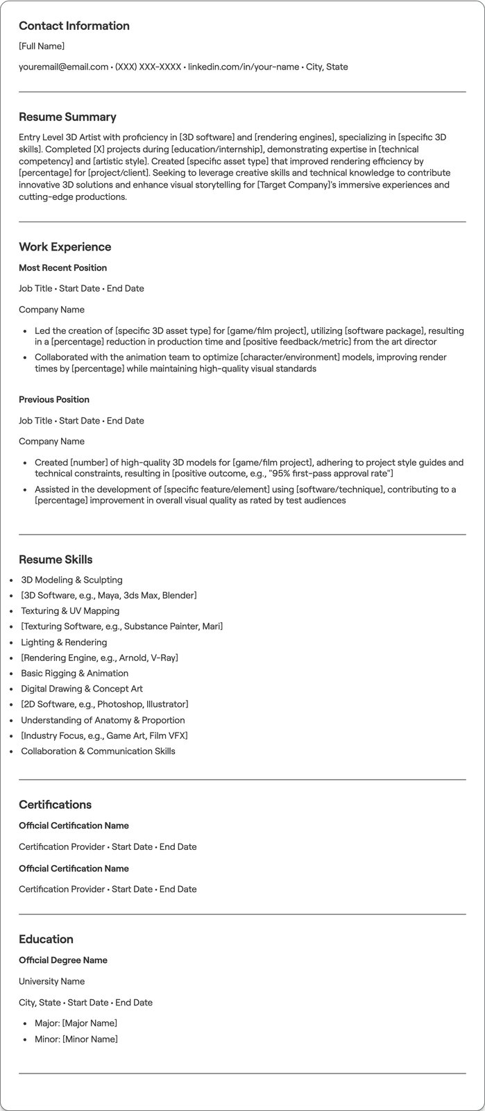 Entry Level 3D Artist resume example