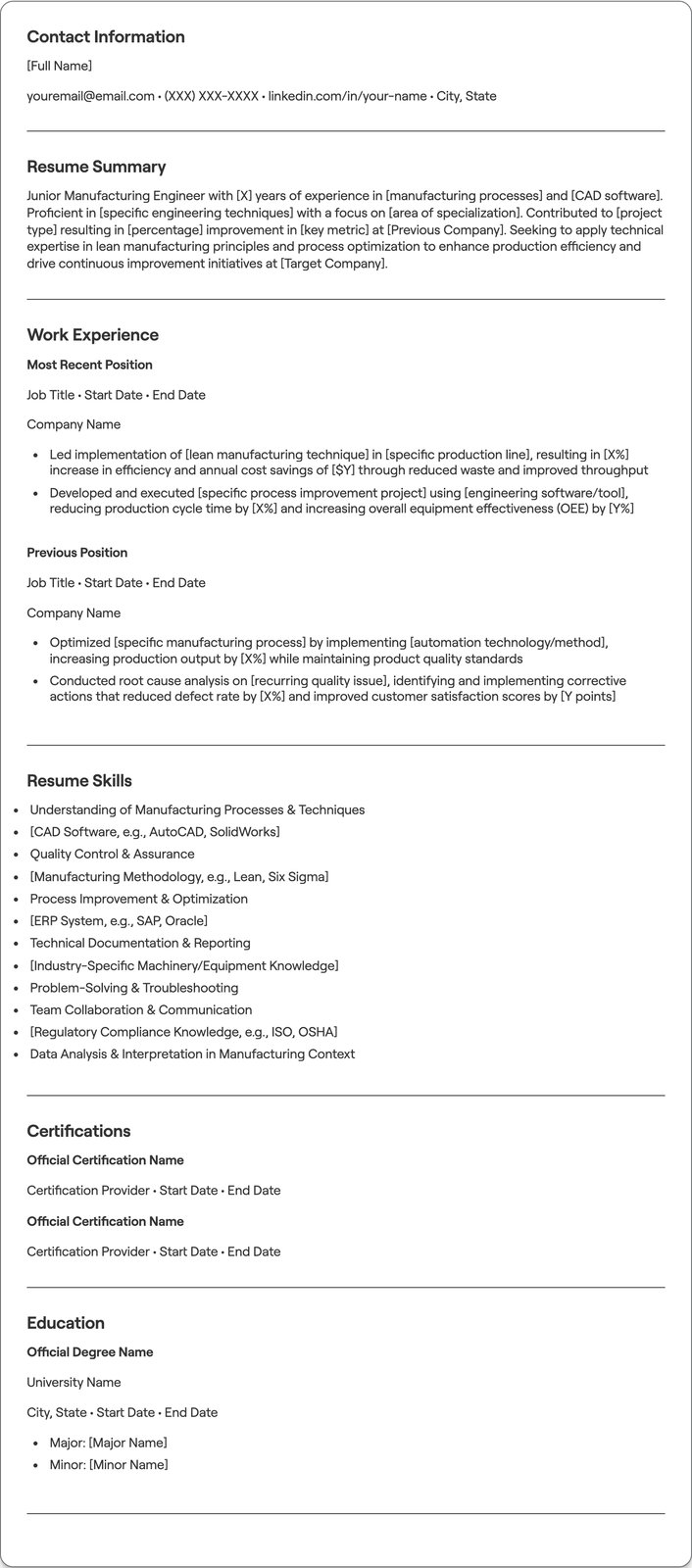Junior Manufacturing Engineer resume example