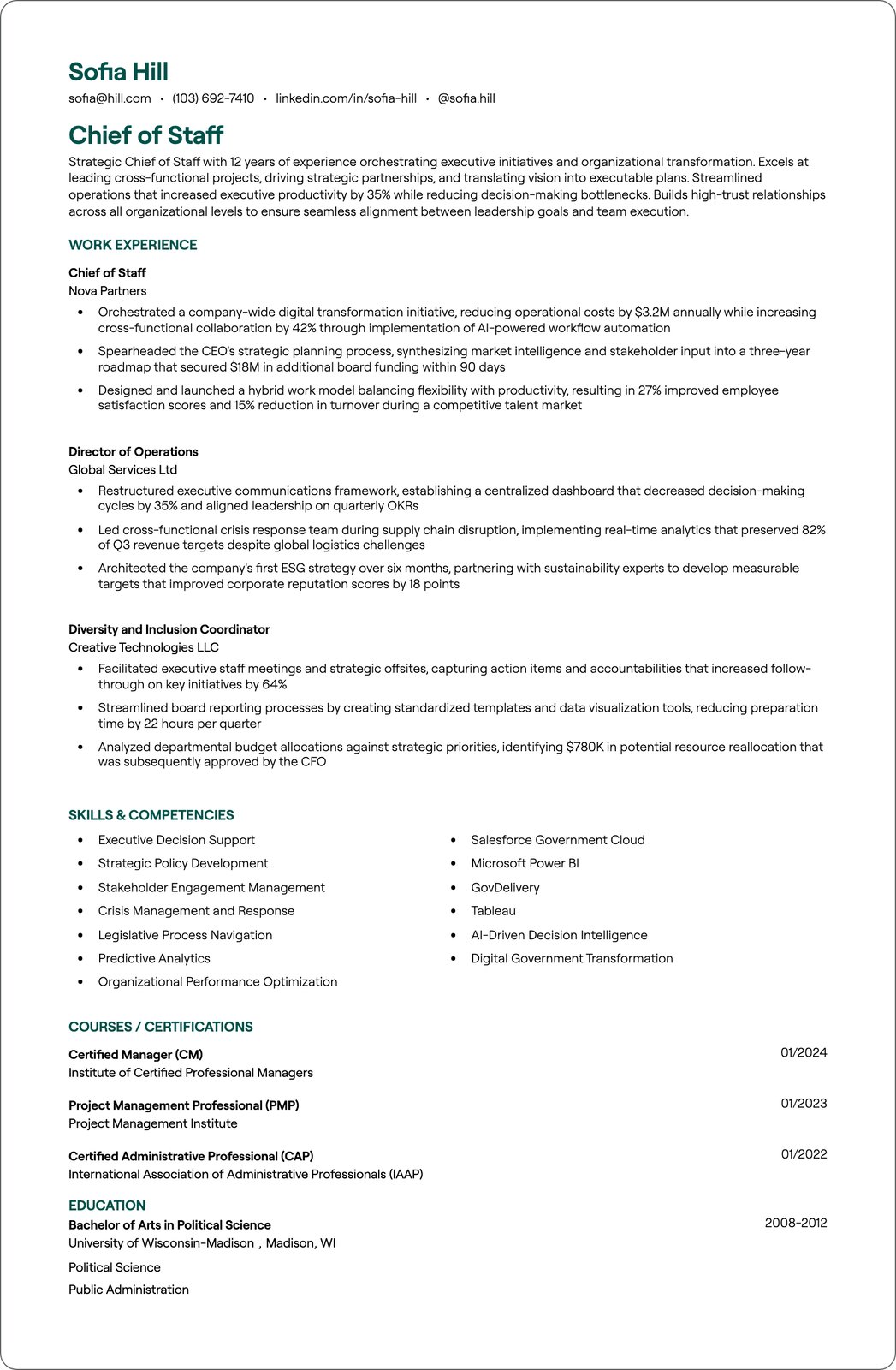 Chief of Staff resume example