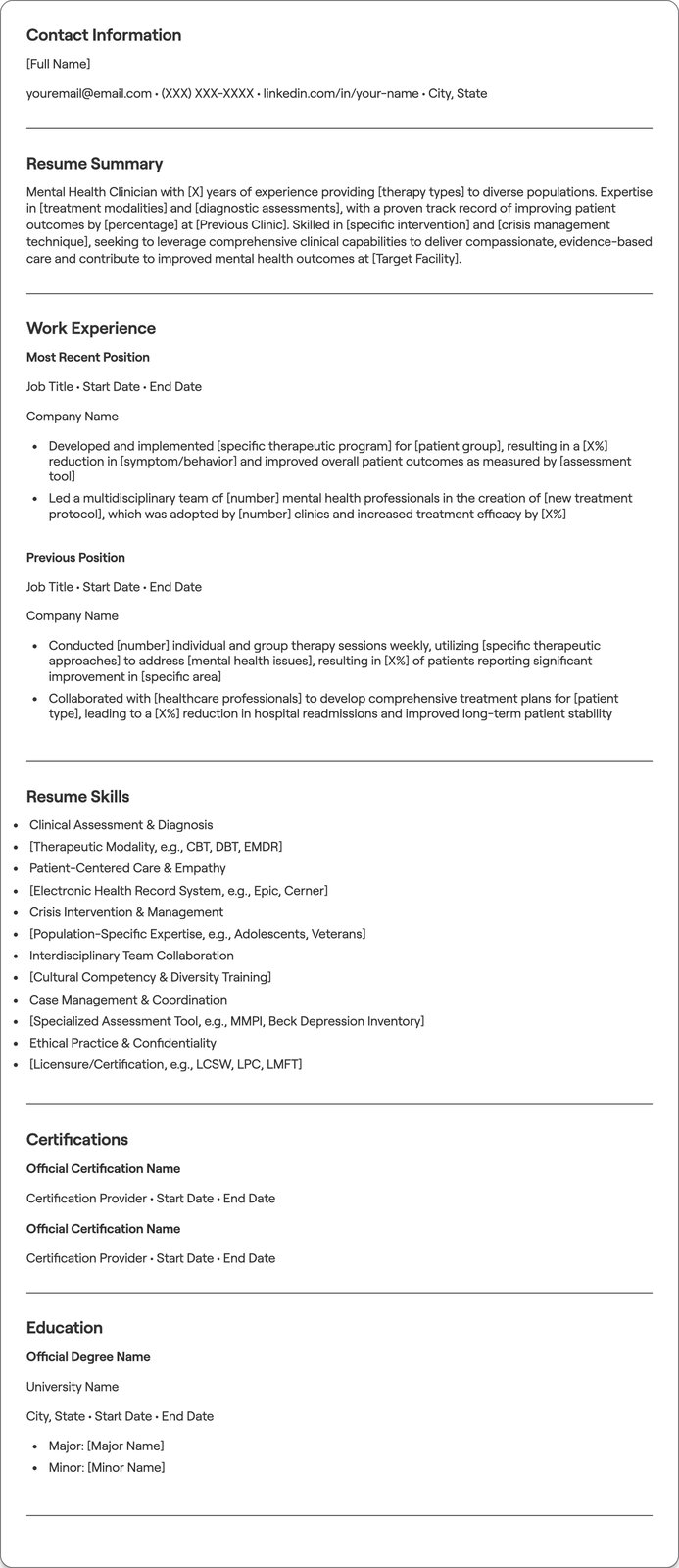 Mental Health Clinician resume example