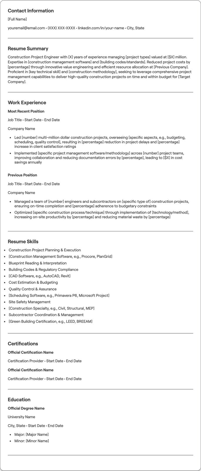 Construction Project Engineer resume example