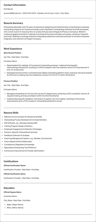 Onboarding Specialist resume example