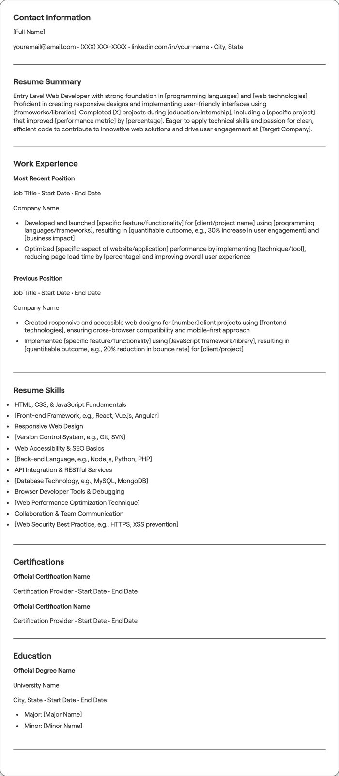 Entry Level Web Developer resume example