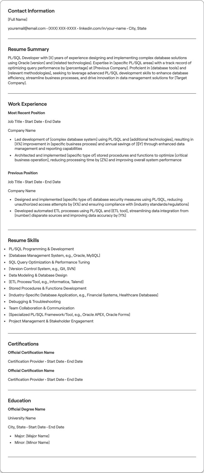 PL SQL Developer resume example