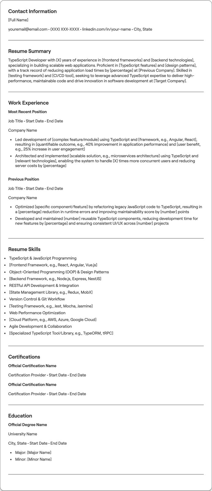 Typescript Developer resume example