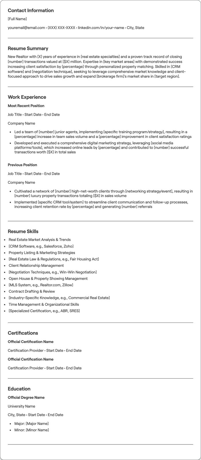 New Realtor resume example