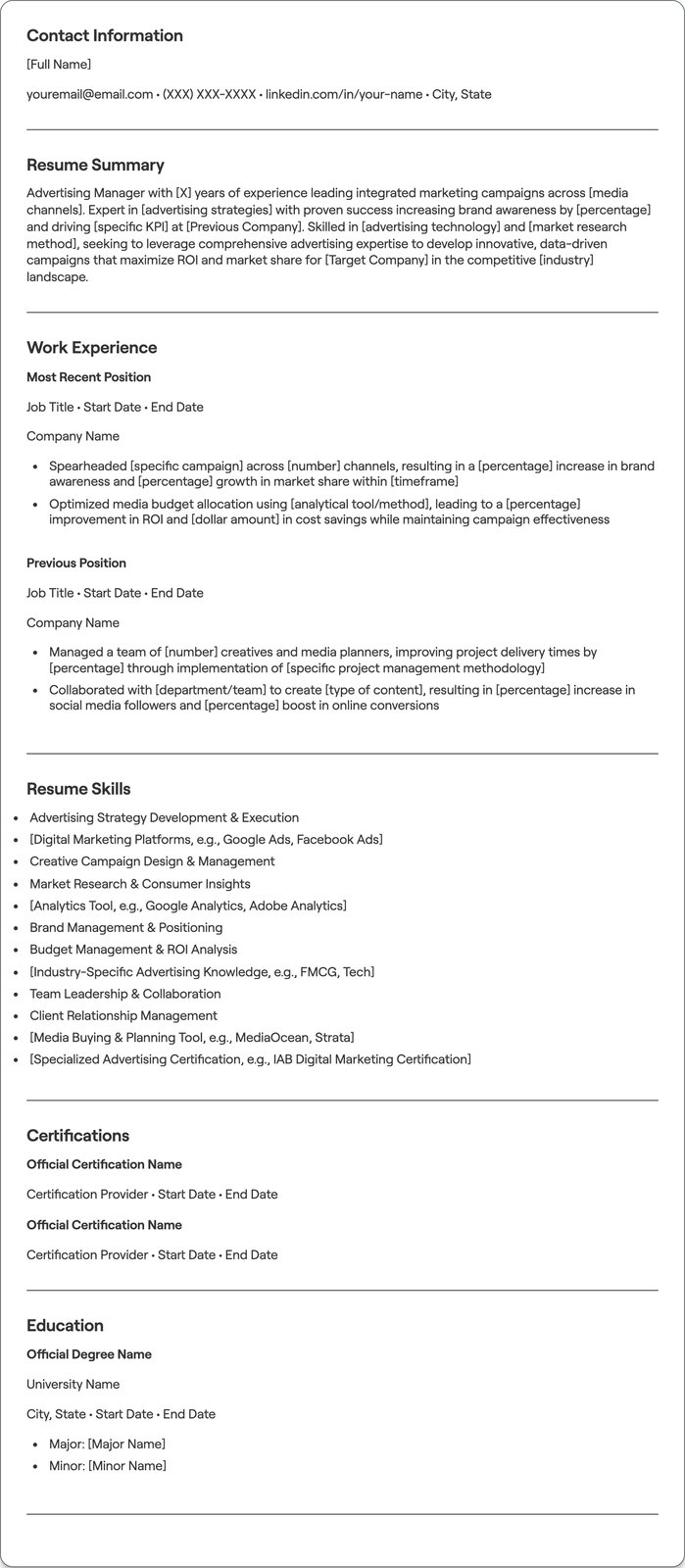 Advertising Manager resume example