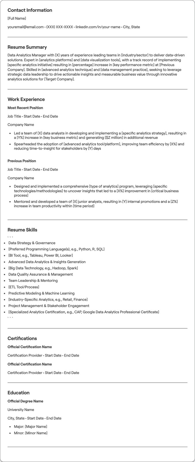 Data Analytics Manager resume example
