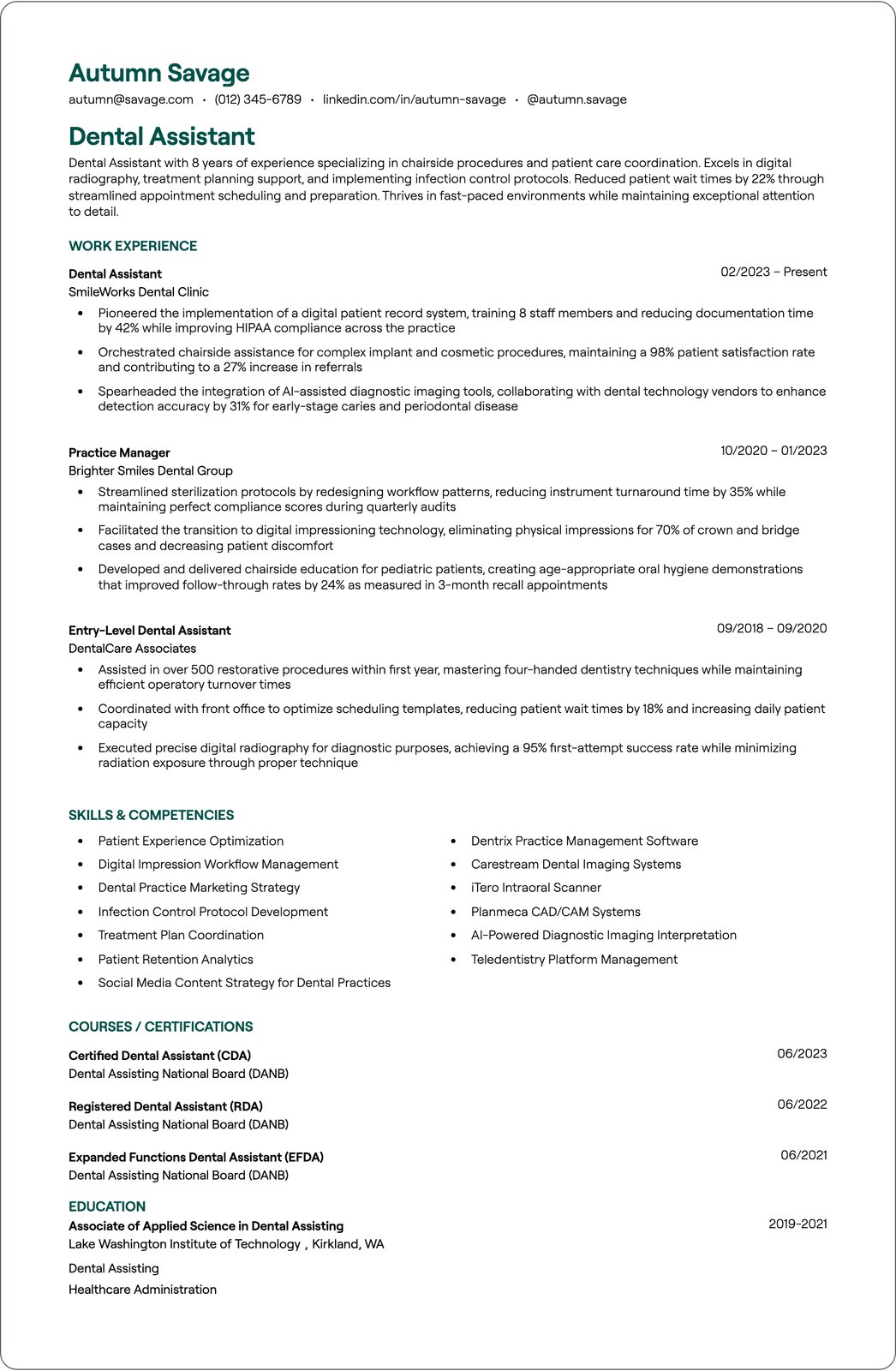 Dental Assistant resume example