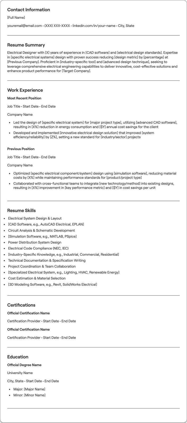 Electrical Designer resume example