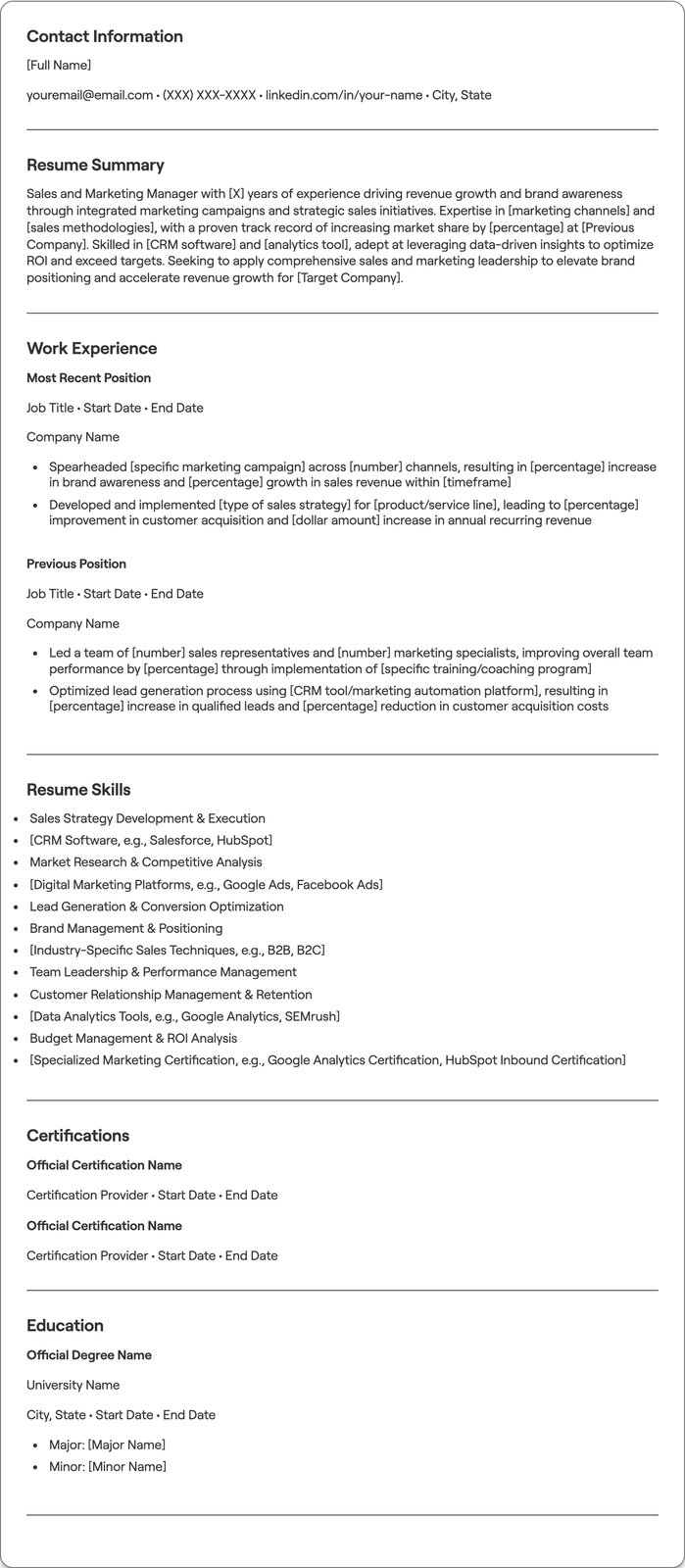 Sales and Marketing Manager resume example