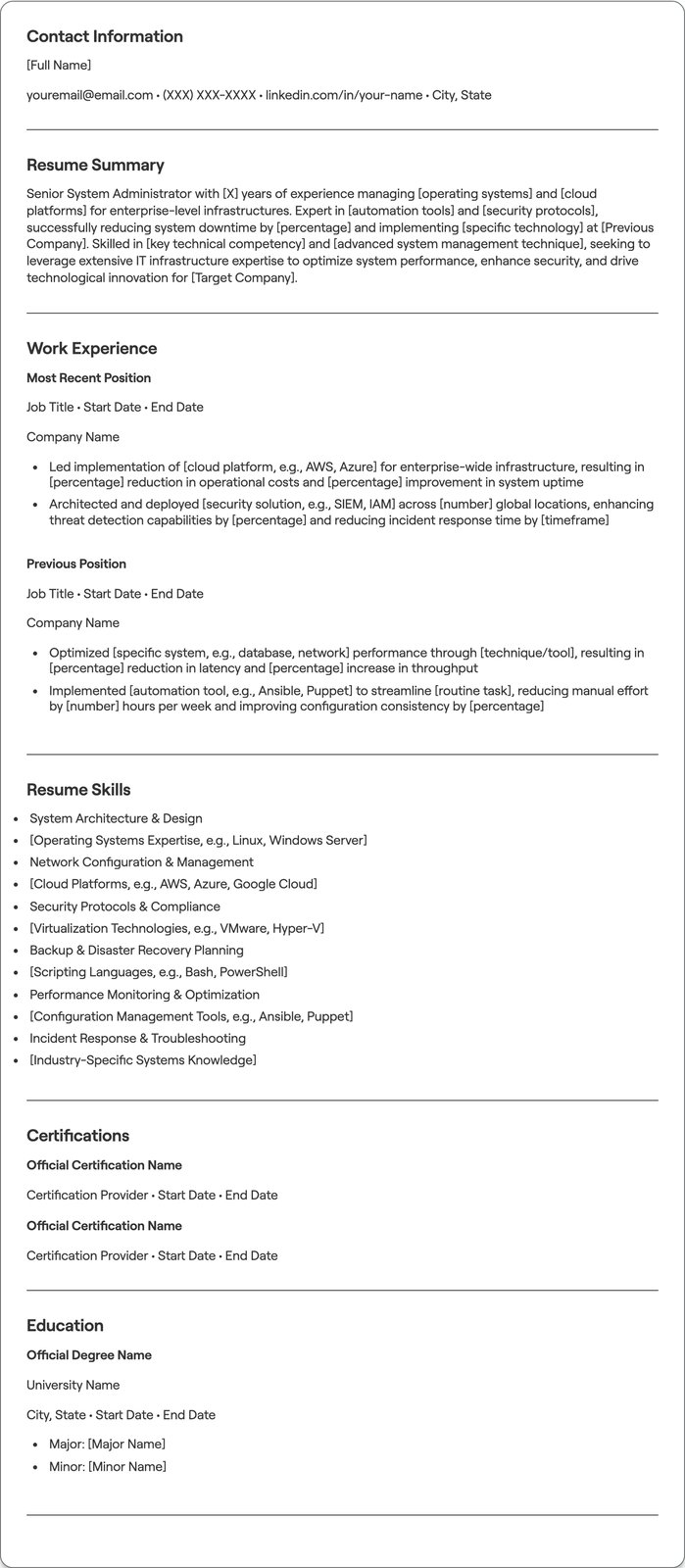 Senior System Administrator resume example