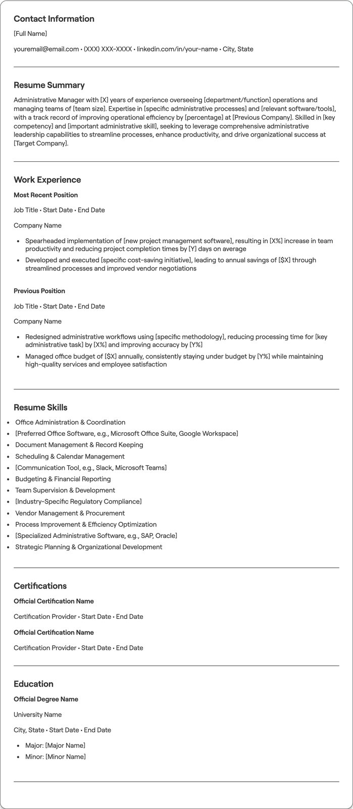 Administrative Manager resume example