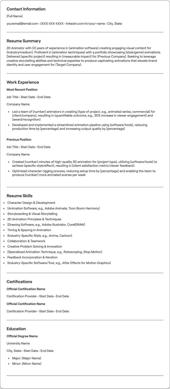 2D Animator resume example