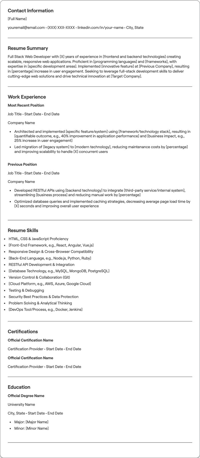 Full Stack Web Developer resume example