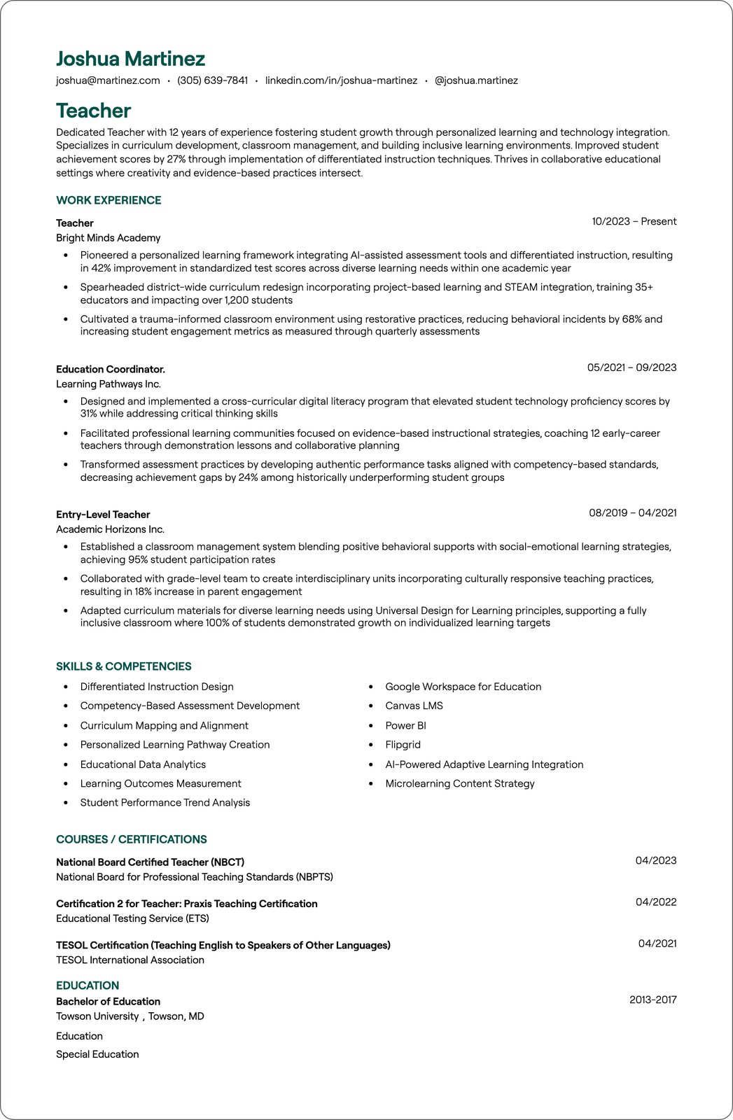 Experienced Teacher resume example