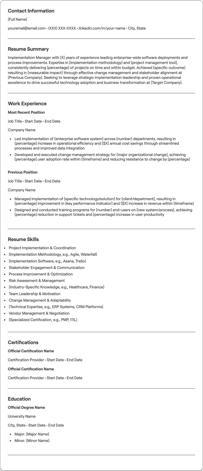 Implementation Manager resume example