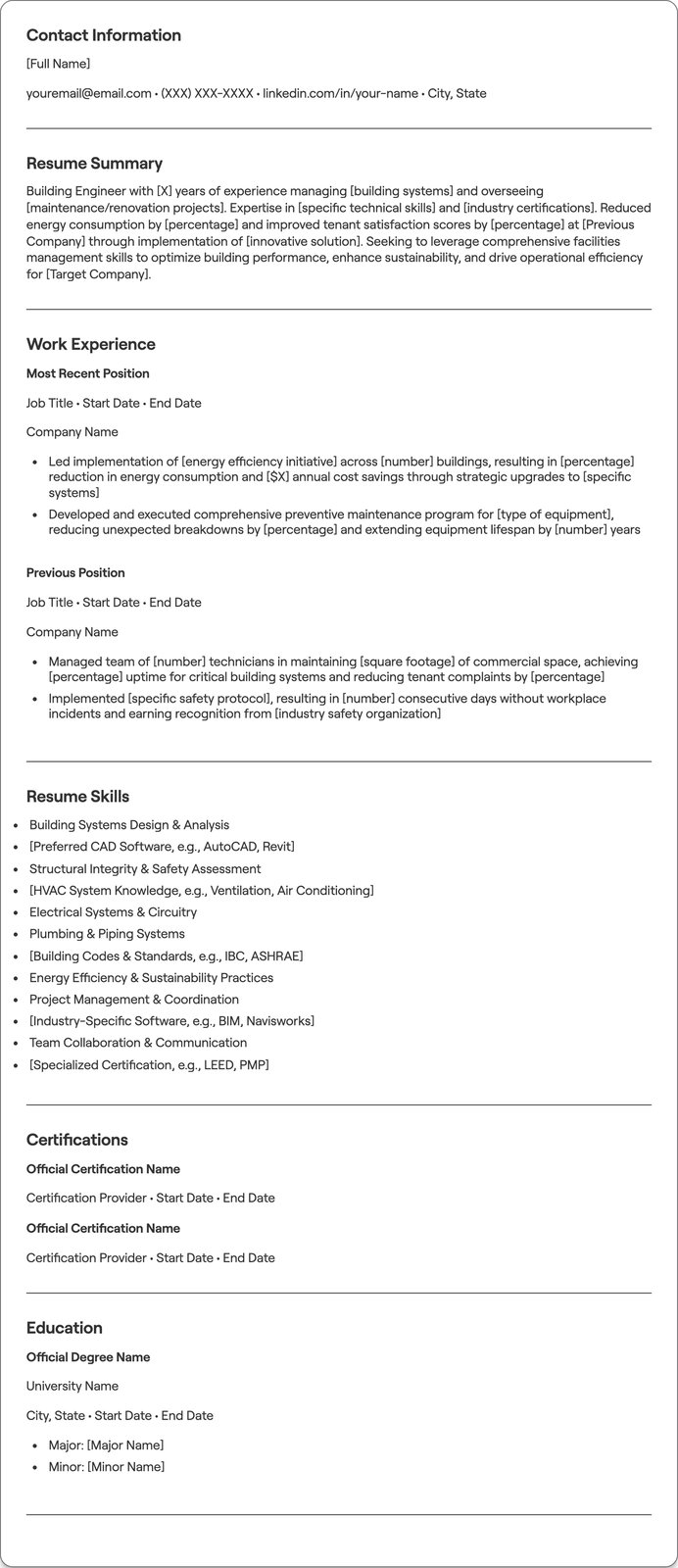 Building Engineer resume example