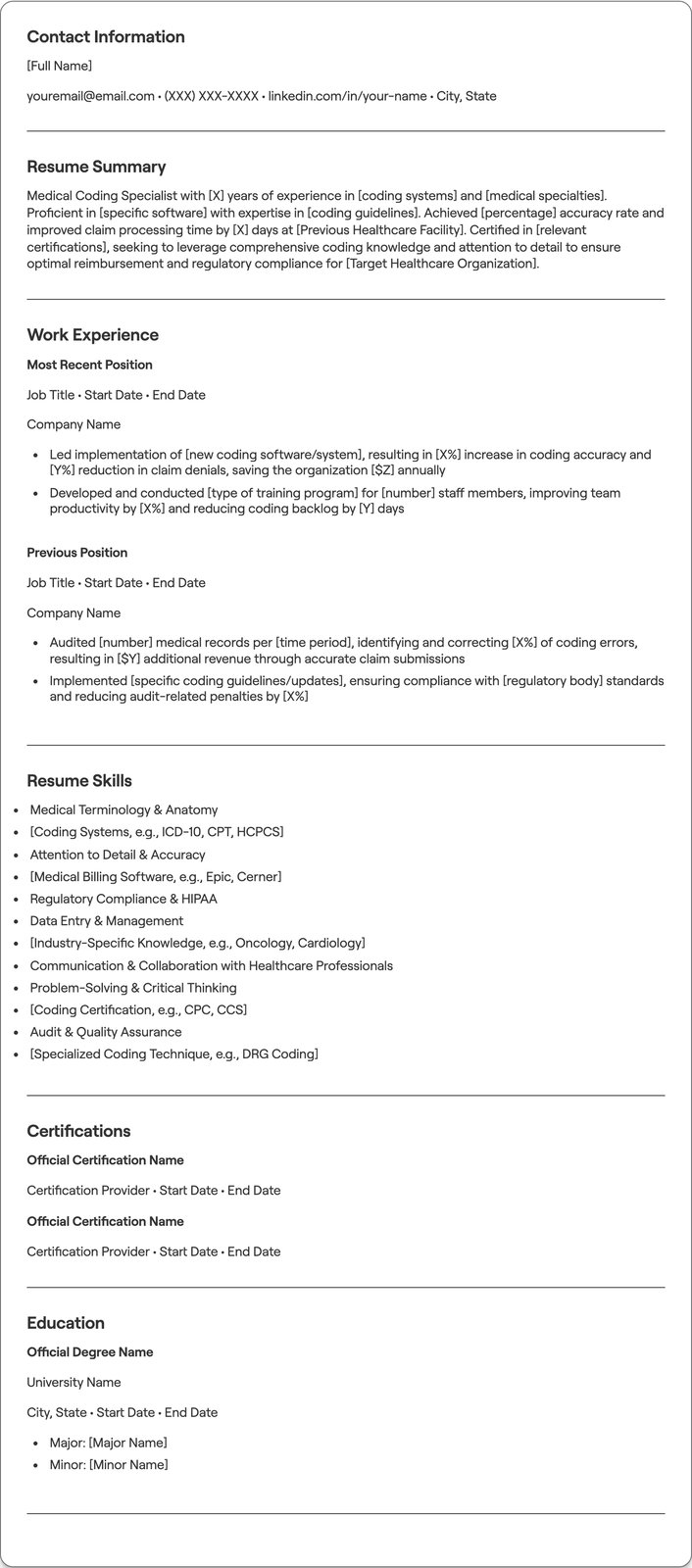Medical Coding Specialist resume example
