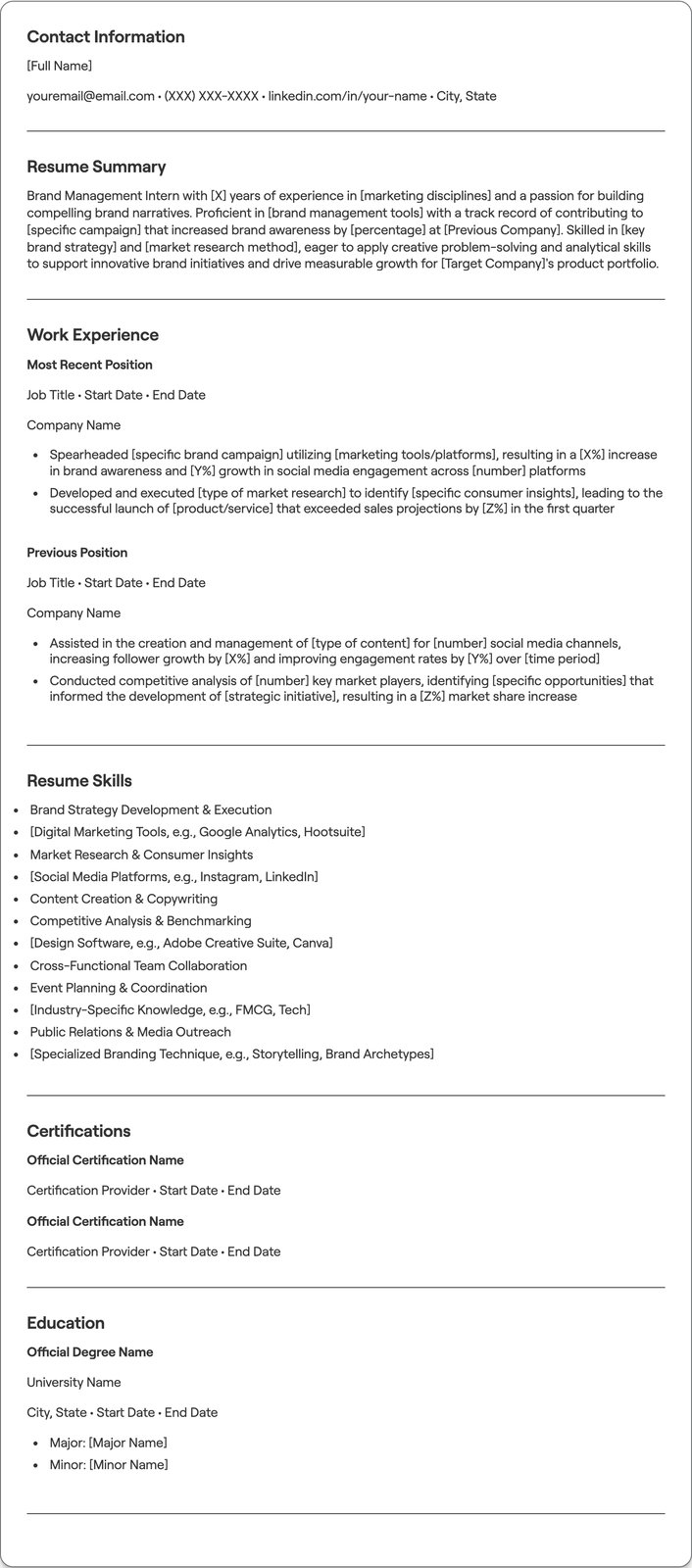 Brand Management Intern resume example