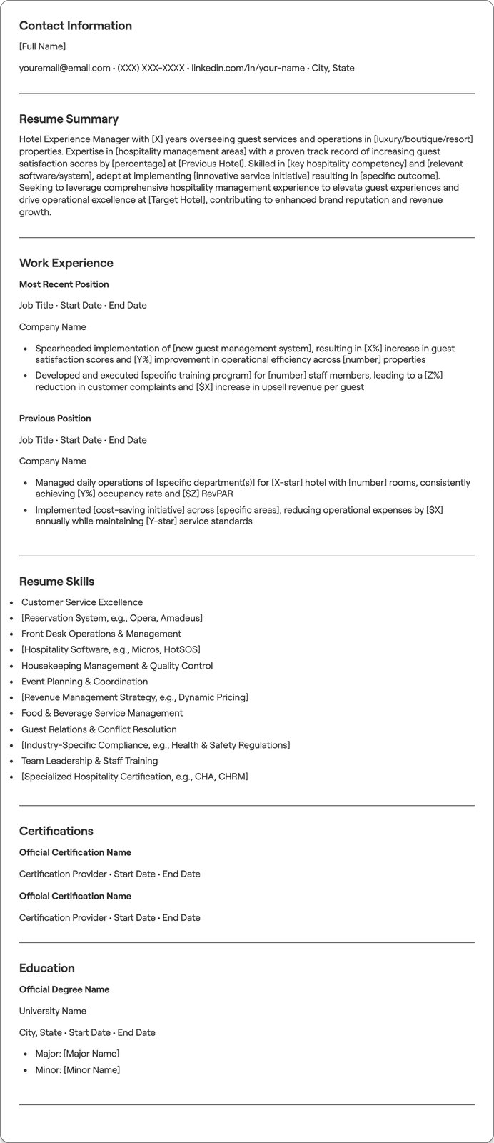 Hotel Experience resume example