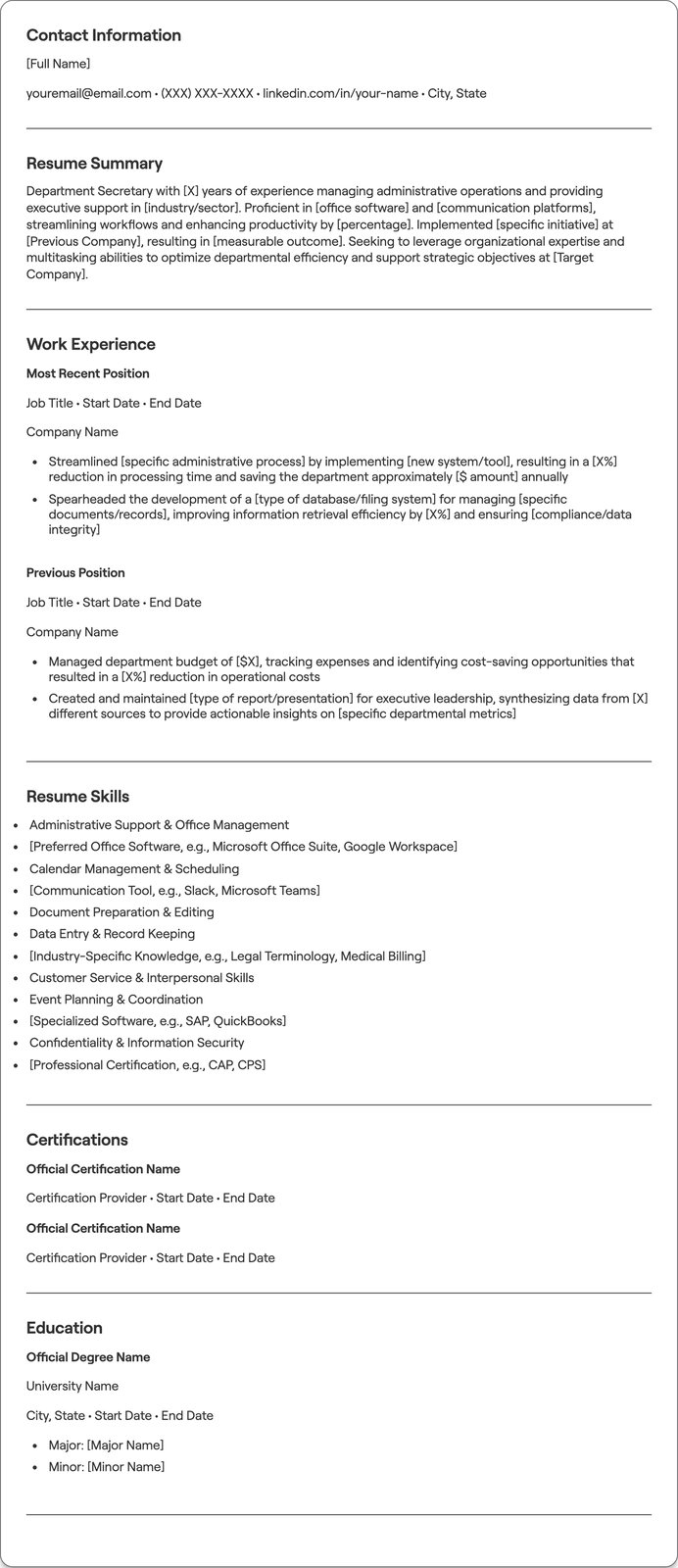 Department Secretary resume example