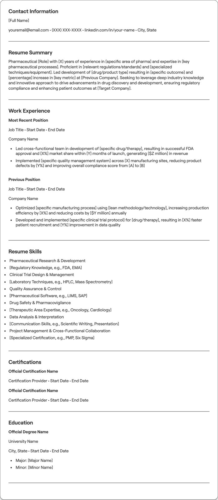 Pharmaceutical resume example