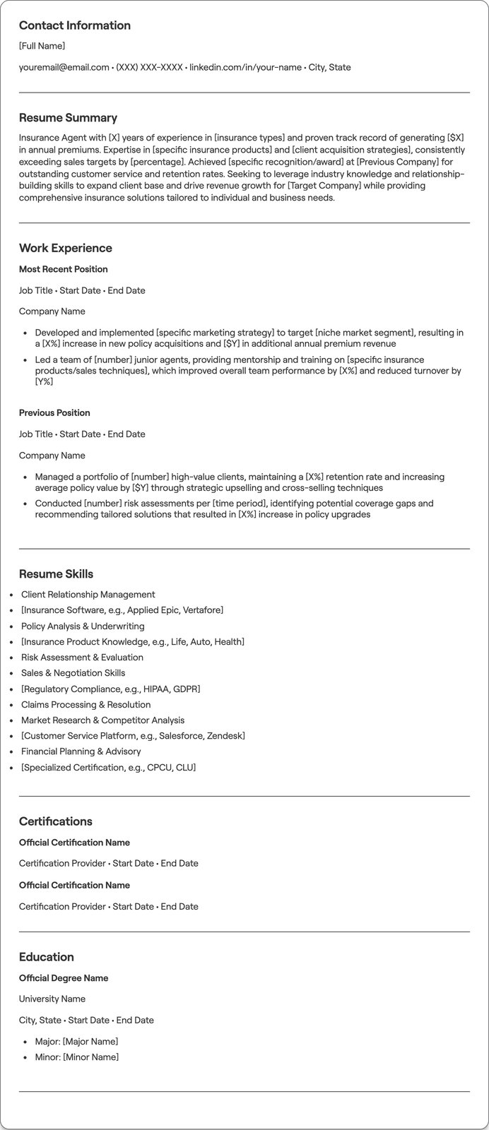 Insurance Agent resume example