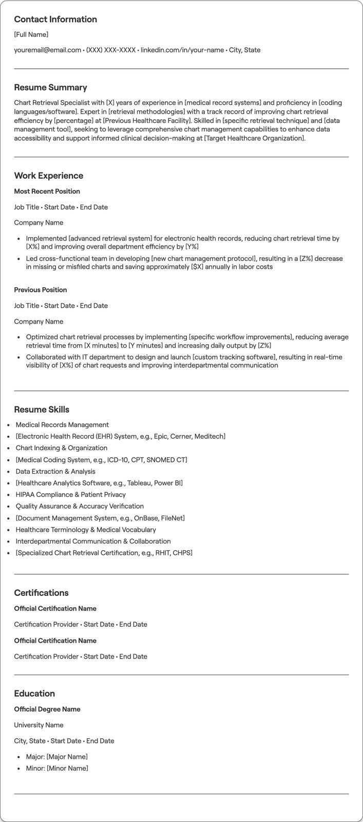 Chart Retrieval Specialist resume example