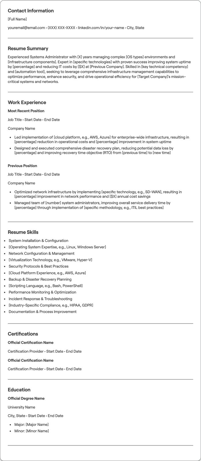 Experienced Sys Admin resume example